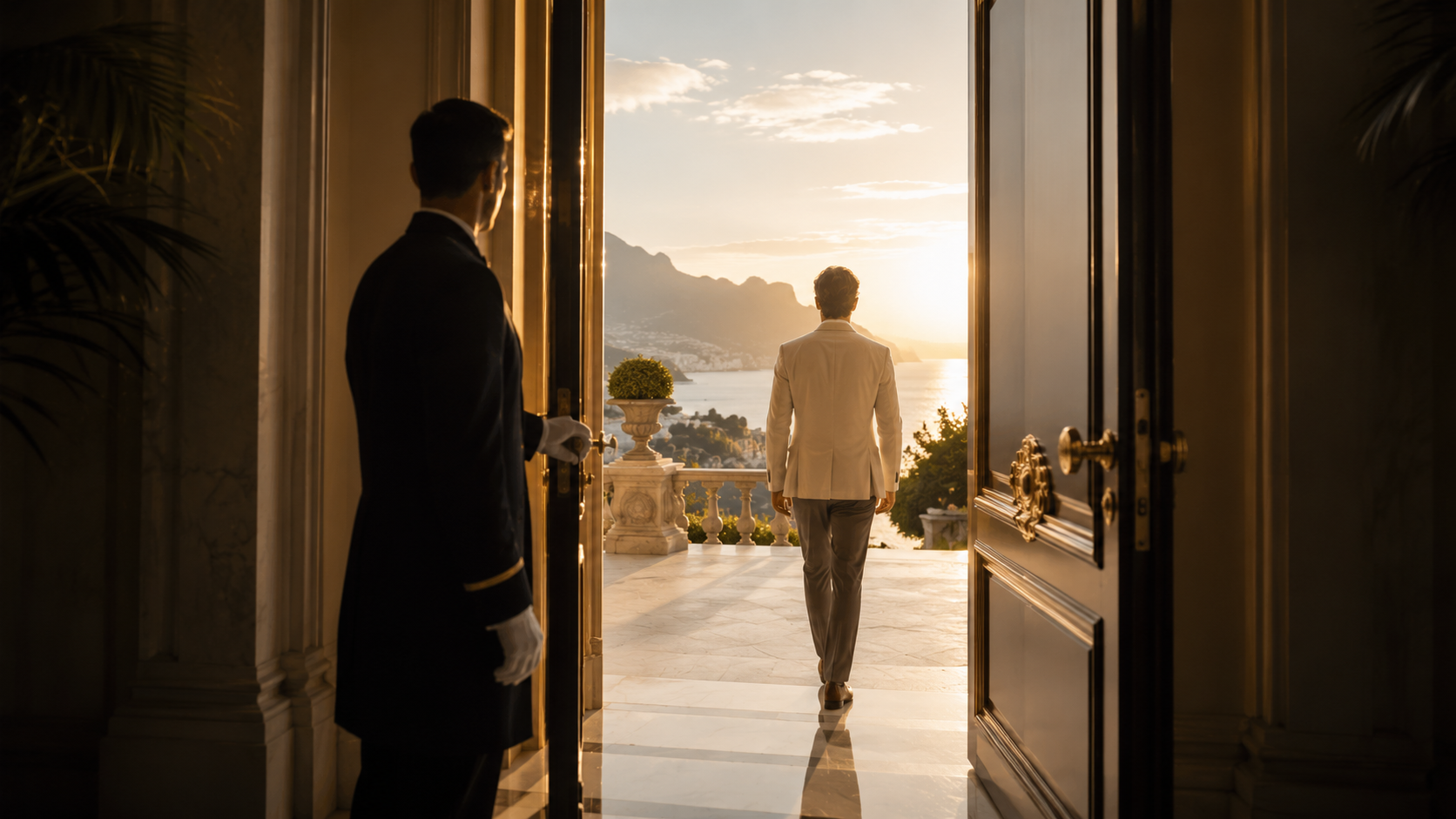 A butler in formal dress holds open grand doors as a gentleman in a white suit steps onto a sunlit marble terrace overlooking the Mediterranean