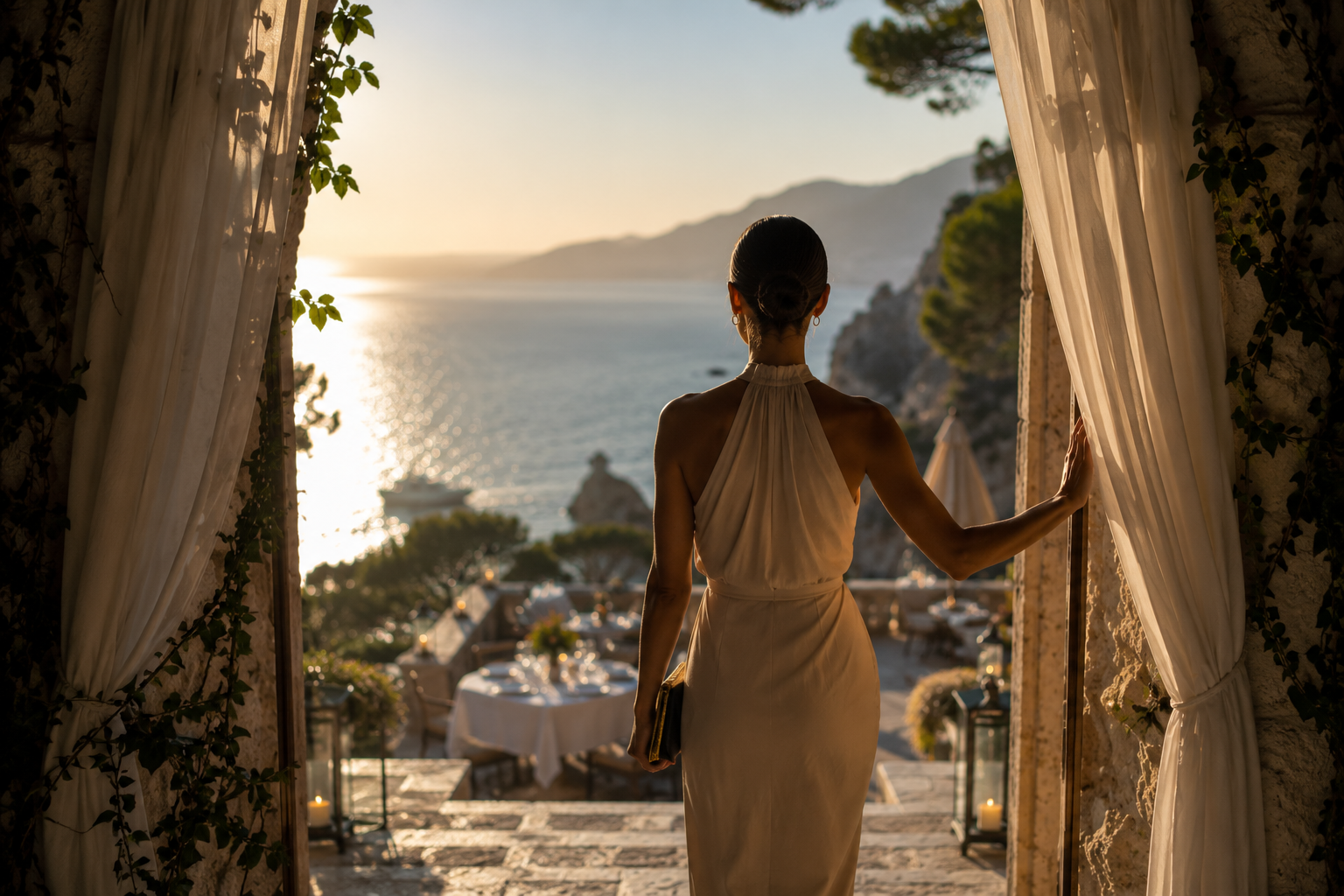 A woman in an elegant white dress steps through sheer curtains onto a sunlit Mediterranean terrace overlooking the sea